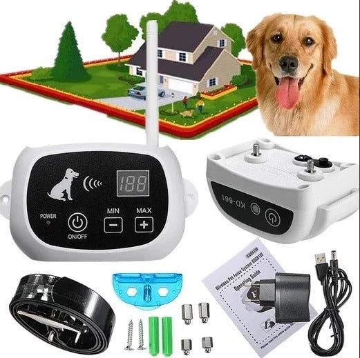 Clôture Électrique Sans Fil pour Chien – Système de Sécurité Portable, Portée Jusqu’à 500 m, Collier Récepteur avec Avertissement Sonore et Choc Électrostatique