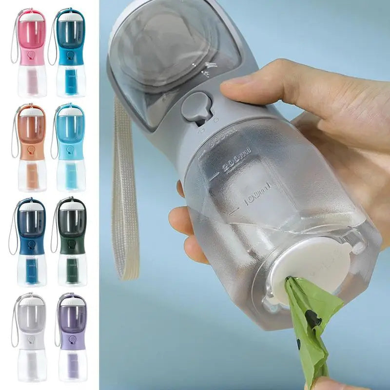 Bouteille d’eau pour chien et chat 3-en-1 – Distributeur 300 ml avec récipient à nourriture, sac à déchets et filtre intégré – Portable et étanche – 9 couleurs