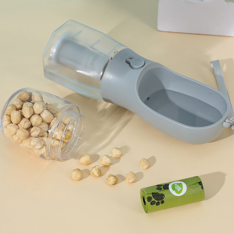 Bouteille d’eau pour chien et chat 3-en-1 – Distributeur 300 ml avec récipient à nourriture, sac à déchets et filtre intégré – Portable et étanche – 9 couleurs