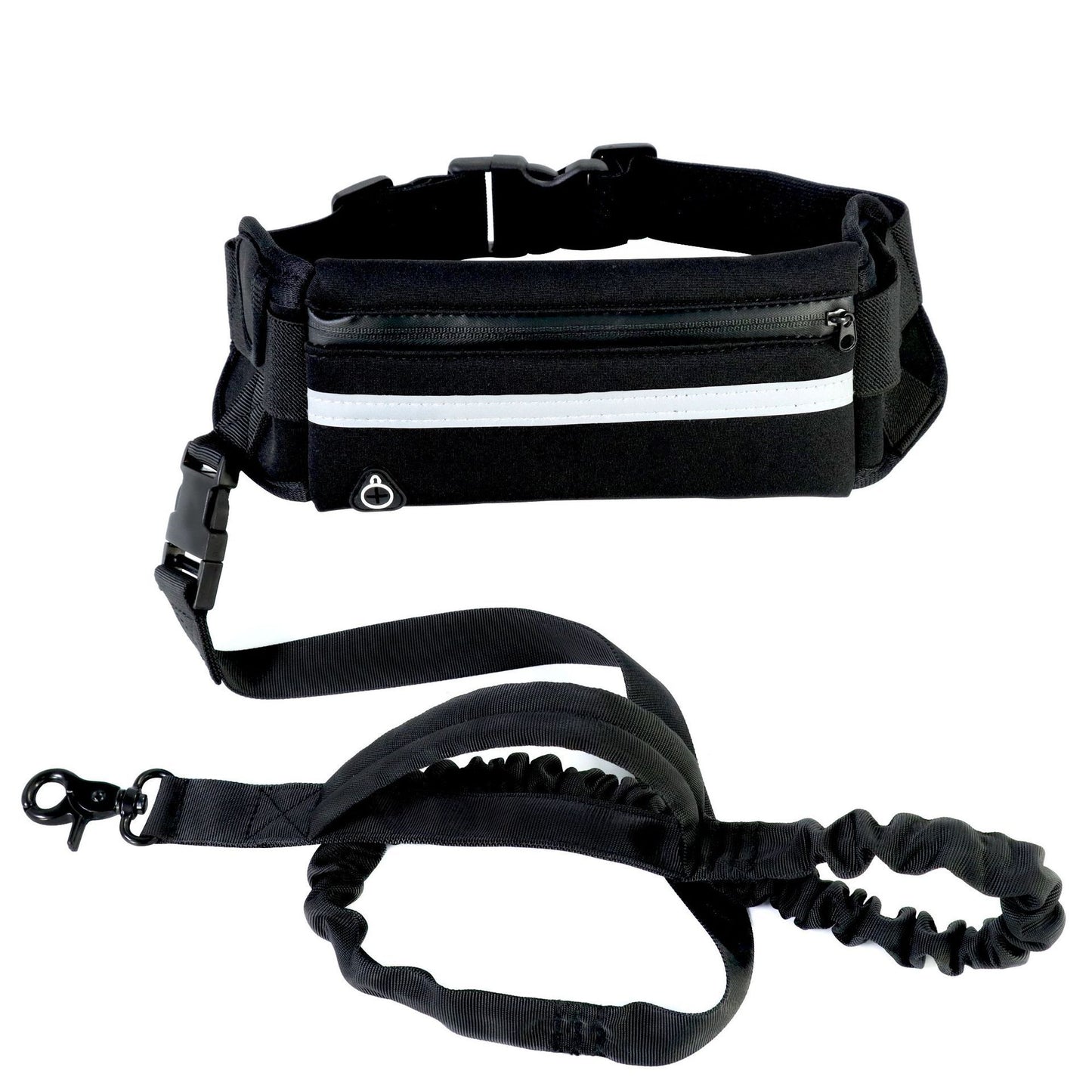 Ceinture Laisse Main Libre pour Chien – Harnais Réfléchissant avec Poche Étanche, Ajustable 28" à 48", Sangles et D-Rings Robustes, Laisse Élastique 100-135 cm pour Course et Marche