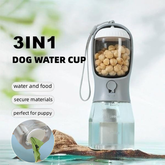 Bouteille d’eau pour chien et chat 3-en-1 – Distributeur 300 ml avec récipient à nourriture, sac à déchets et filtre intégré – Portable et étanche – 9 couleurs