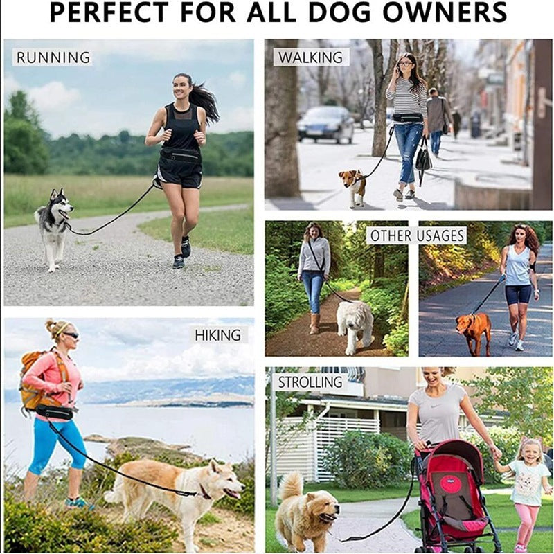 Ceinture Laisse Main Libre pour Chien – Harnais Réfléchissant avec Poche Étanche, Ajustable 28" à 48", Sangles et D-Rings Robustes, Laisse Élastique 100-135 cm pour Course et Marche