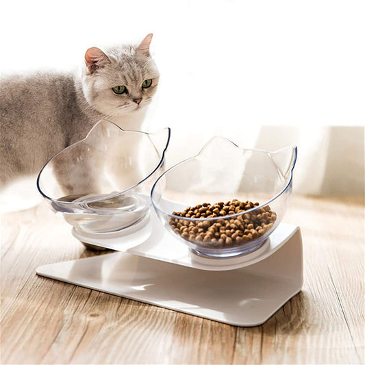Gamelle Double Antidérapante pour Chat avec Support Surélevé – Distributeur de Nourriture Transparent pour Chats et Chiens – Protège les Vertèbres Cervicales
