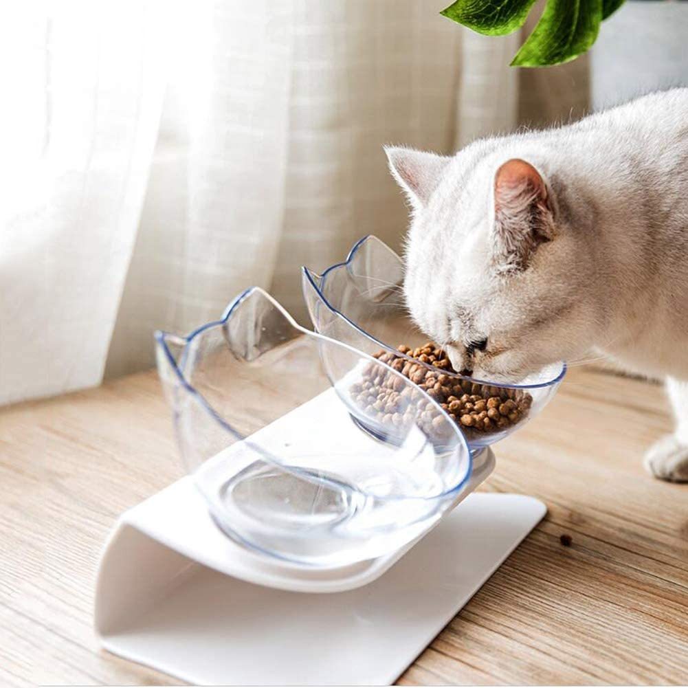 Gamelle Double Antidérapante pour Chat avec Support Surélevé – Distributeur de Nourriture Transparent pour Chats et Chiens – Protège les Vertèbres Cervicales